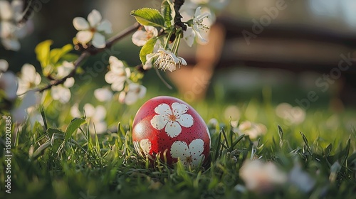 Painted Easter eggs nestled in the green grass, surrounded by cherry blossoms, with a rustic wooden bench in the background.