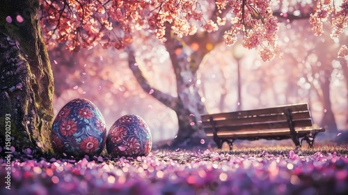 Painted Easter eggs sparkle in the morning sun, surrounded by cherry blossoms and a rustic wooden bench in the background.
