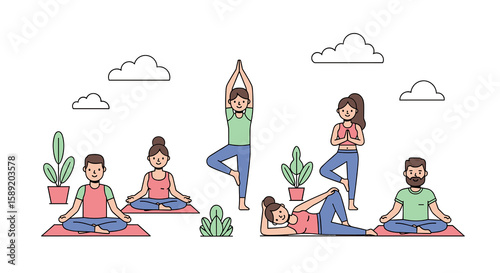 Yoga Class People Doing Poses Outdoors Health and Wellness