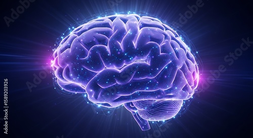 Digital rendering of a human brain with glowing points and connections on a dark blue background, concept for artificial intelligence, medical research and neurological studies.
