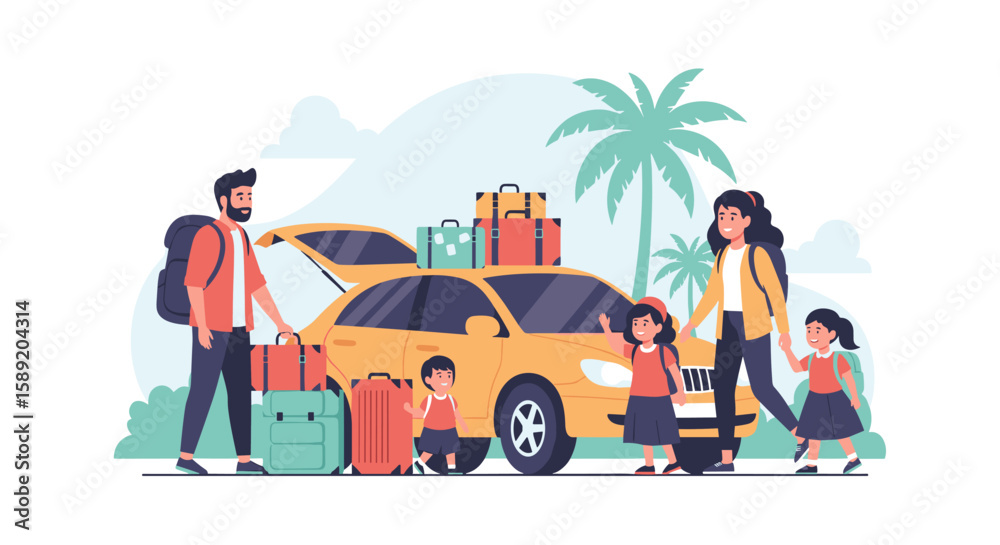 Fototapeta premium Family loading car for vacation, travel adventure together