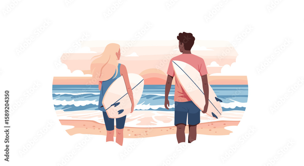 Obraz premium Surfers walking on beach with surfboards summer vacation
