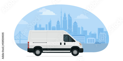 Delivery van and city skyline in the background