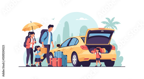 Family loading car for road trip travel vacation adventure