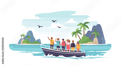 Tropical boat tour with tourists exploring island landscapes