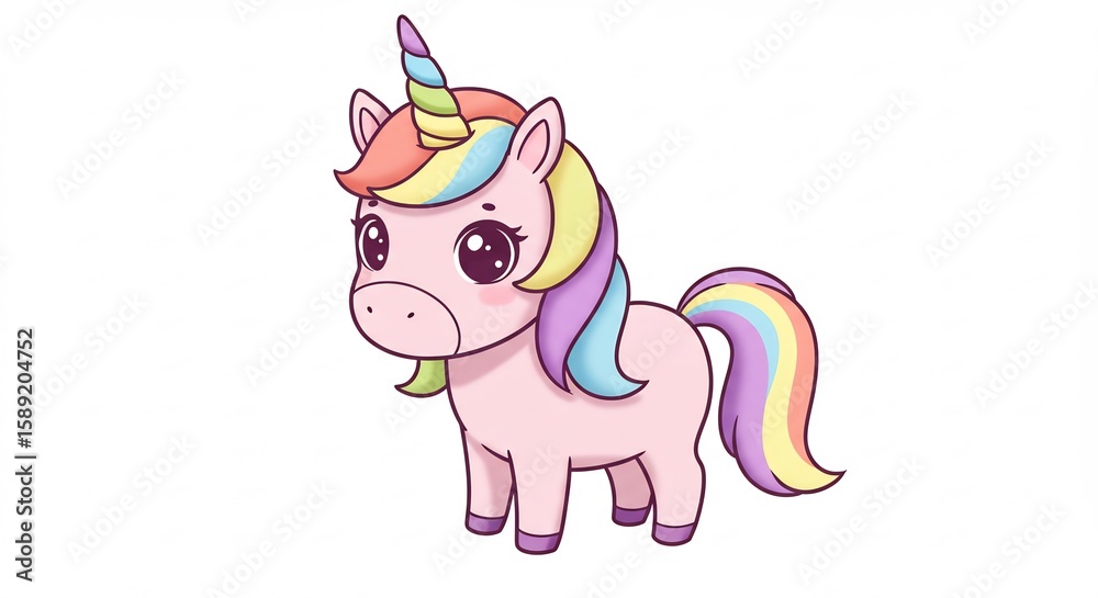 Naklejka premium 虹色たてがみ可愛い子馬 優しい光輝く魔法 (Niji-iro tategami kawaii komba yasashii hikari kagayaku mahou) Translation: Rainbow mane cute foal gentle light shining magic. AI Generated