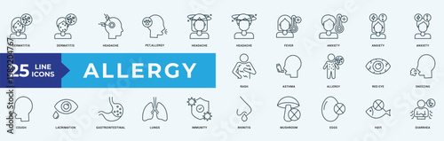 Allergy icon collection set with dermatitis, headache, pet, allergy, fever, anxiety, rash, asthma