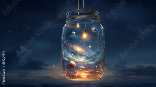 Wallpaper of the space and universe in a glass bottle with stunning night view