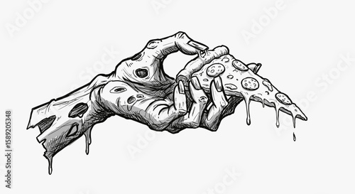 sketch zombie holding a slice of pizza – a hand drawn black and white vector doodle illustration, engraving or woodcut svg, Halloween theme, Halloween design