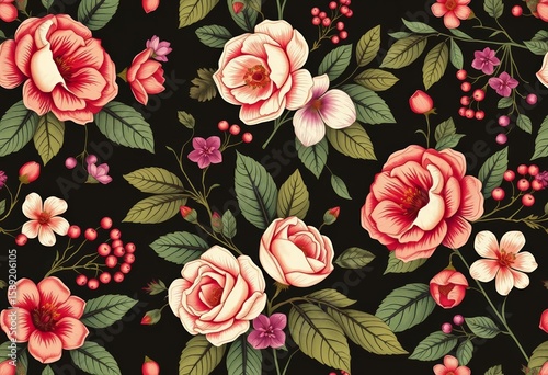 Intricate vintage floral pattern; dark background, hand-drawn flowers, leaves, berries, botanical, vector, illustration, wallpaper, fabric, copy space, botanical