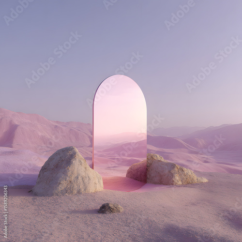 Abstract factasy and realistic mirror in desert, background, futuristic