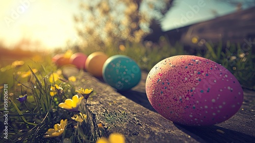 Vibrant Easter eggs scattered on a wooden bench, surrounded by green grass and blooming flowers under a bright sky.