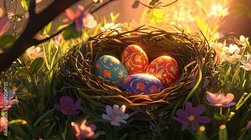 Three vibrant Easter eggs rest in a bird nest on fresh spring grass, surrounded by blooming flowers and sunlight.