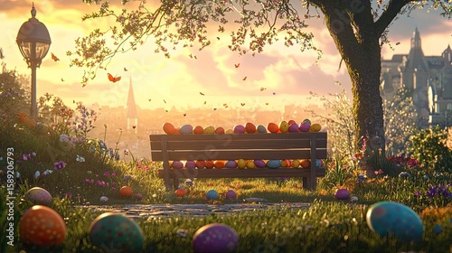 Vibrant Easter eggs scattered on a wooden bench, surrounded by green grass and blooming flowers under a bright sky.