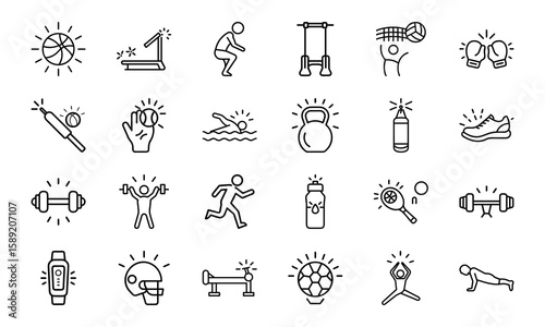 Dynamic Collection of Sports and Fitness Line Icons Perfect for Gyms, Health Apps, and Athletic Branding