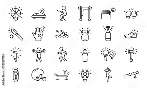 Dynamic Collection of Sports and Fitness Line Icons Perfect for Gyms, Health Apps, and Athletic Branding