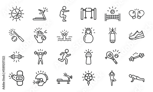 Dynamic Collection of Sports and Fitness Line Icons Perfect for Gyms, Health Apps, and Athletic Branding