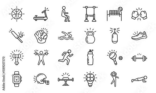 Dynamic Collection of Sports and Fitness Line Icons Perfect for Gyms, Health Apps, and Athletic Branding