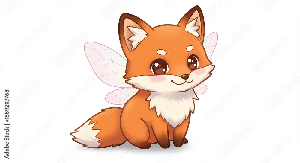 Obraz premium 妖精の翼を持つ可愛い狐 優しい光に包まれて微笑む. AI Generated