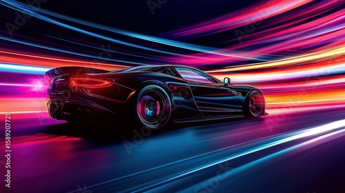 A running sports car and lights in the background show the speed.