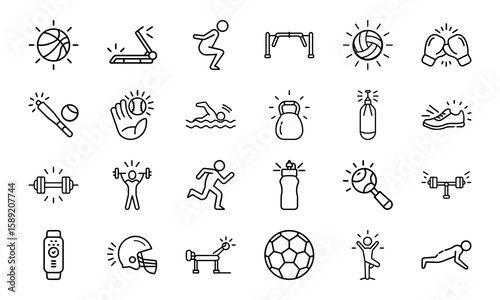 Dynamic Collection of Sports and Fitness Line Icons Perfect for Gyms, Health Apps, and Athletic Branding
