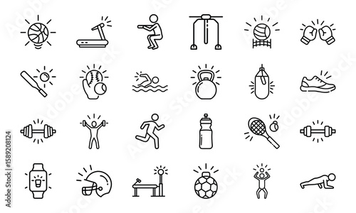 Dynamic Collection of Sports and Fitness Line Icons Perfect for Gyms, Health Apps, and Athletic Branding
