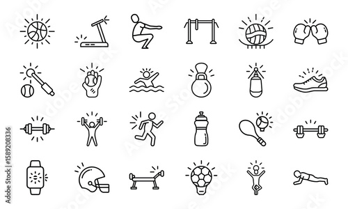Dynamic Collection of Sports and Fitness Line Icons Perfect for Gyms, Health Apps, and Athletic Branding