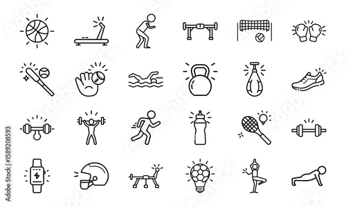 Dynamic Collection of Sports and Fitness Line Icons Perfect for Gyms, Health Apps, and Athletic Branding
