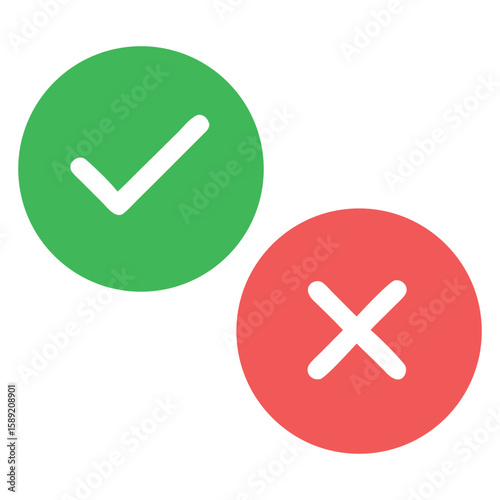 Green check mark and red cross symbol for correct and incorrect choice selection decision ui design