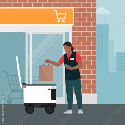 Supermarket worker loading a food delivery robot