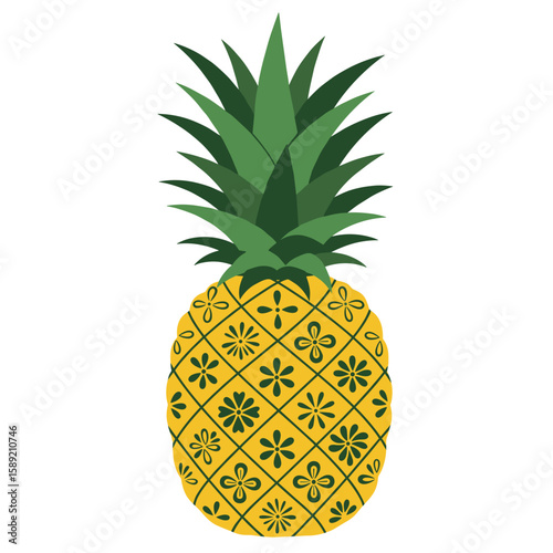 Pineapple illustration with green leaves and textured patterns  for branding organic products, textiles, mugs, kitchen towels, interior designers for children's rooms