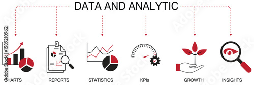 Banner data and analytics concept vector illustration. Charts, reports, statistics, KPIs, growth, insights