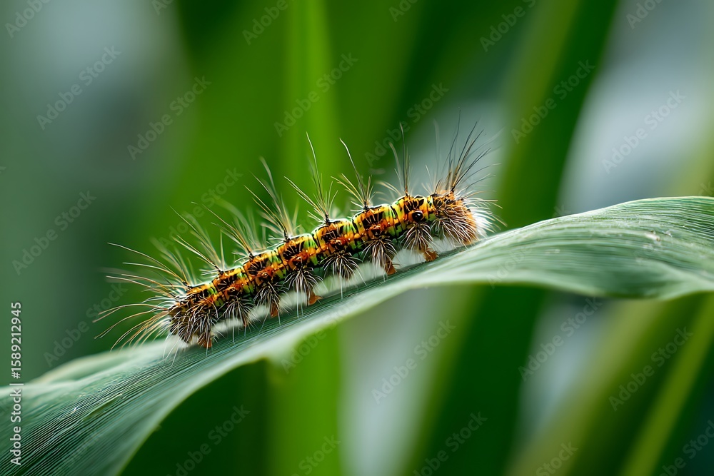 Fototapeta premium Macro photo of a colorful caterpillar crawling on a vibrant green leaf