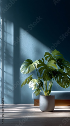 Indoor Tropical Plant Casting Shadows on Wall in Modern Interior Space.
