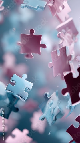Colorful Puzzle Pieces Falling Gracefully Against a Blurred Backdrop in a Cre...