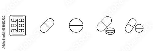 Pills set medical tablets capsules drugs health care medicine pharmacy vector icon illustration.