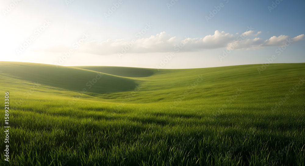 Fototapeta premium A verdant expanse of rolling green hills stretches under a clear sky with soft clouds, bathed in the warm glow of the sun