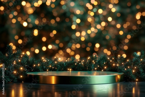 Festive Display Platform Surrounded by Christmas Lights and Greenery at Holid...