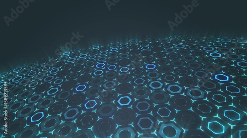 A captivating view of a dynamic hexagonal grid plane, illuminated by glowing blue lights, creating a futuristic and immersive visual experience. 4K video