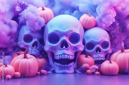 Halloween Decoration With Colorful Skulls and Pumpkins in a Spooky Atmosphere.