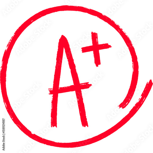 Hand Drawn A+ Grade Symbol in Red Marker. Red pen Score test 