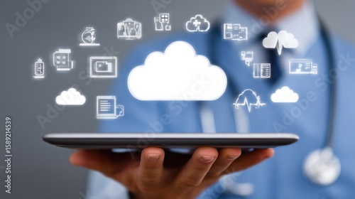 doctor using a tablet to manage electronic health records (EHR) and electronic medical records (EMR) with cloud storage. digital healthcare technology, cloud computing, and medical record management.