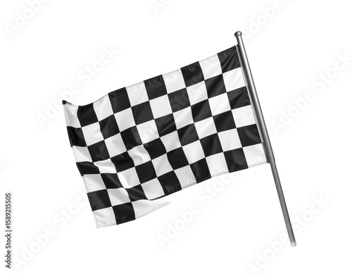  Classic black and white checkered racing flag waving, isolated on white background PNG