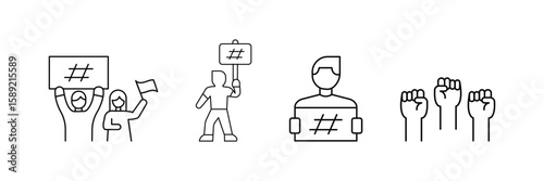 Protest unity justice movement crowd icon set vector illustration with raised hands placards banner and hashtag sign for social awareness demand.