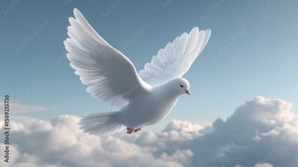 Fototapeta premium White dove flying peacefully in blue sky with clouds
