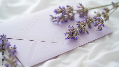 Lavender Sprigs on White Envelope Background for Relaxation and Aromatherapy Concept