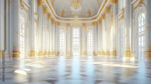 Elegant white palace grand hall with golden accents and large windows