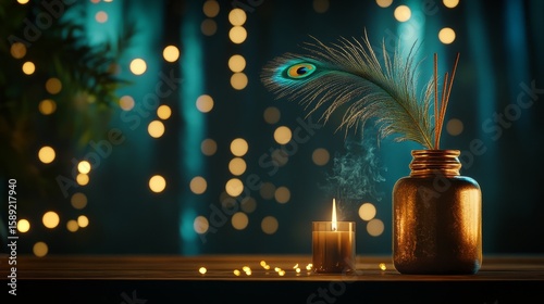 Incense Burning With Peacock Feather and Decorative Lights at Night