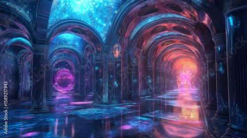 Vibrant crystal tunnel illuminated by glowing hues in a surreal underwater fantasy interior