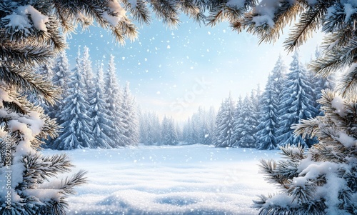 Snowy Winter Landscape Surrounded by Evergreen Trees Under Clear Blue Sky